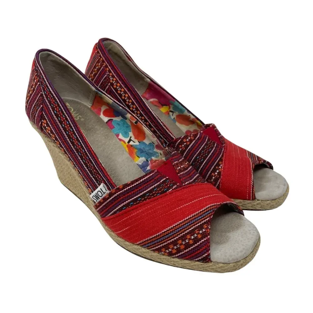 Toms Lina Aztec Print Peep Toe Espradille Wedges Women’s Size 6.5